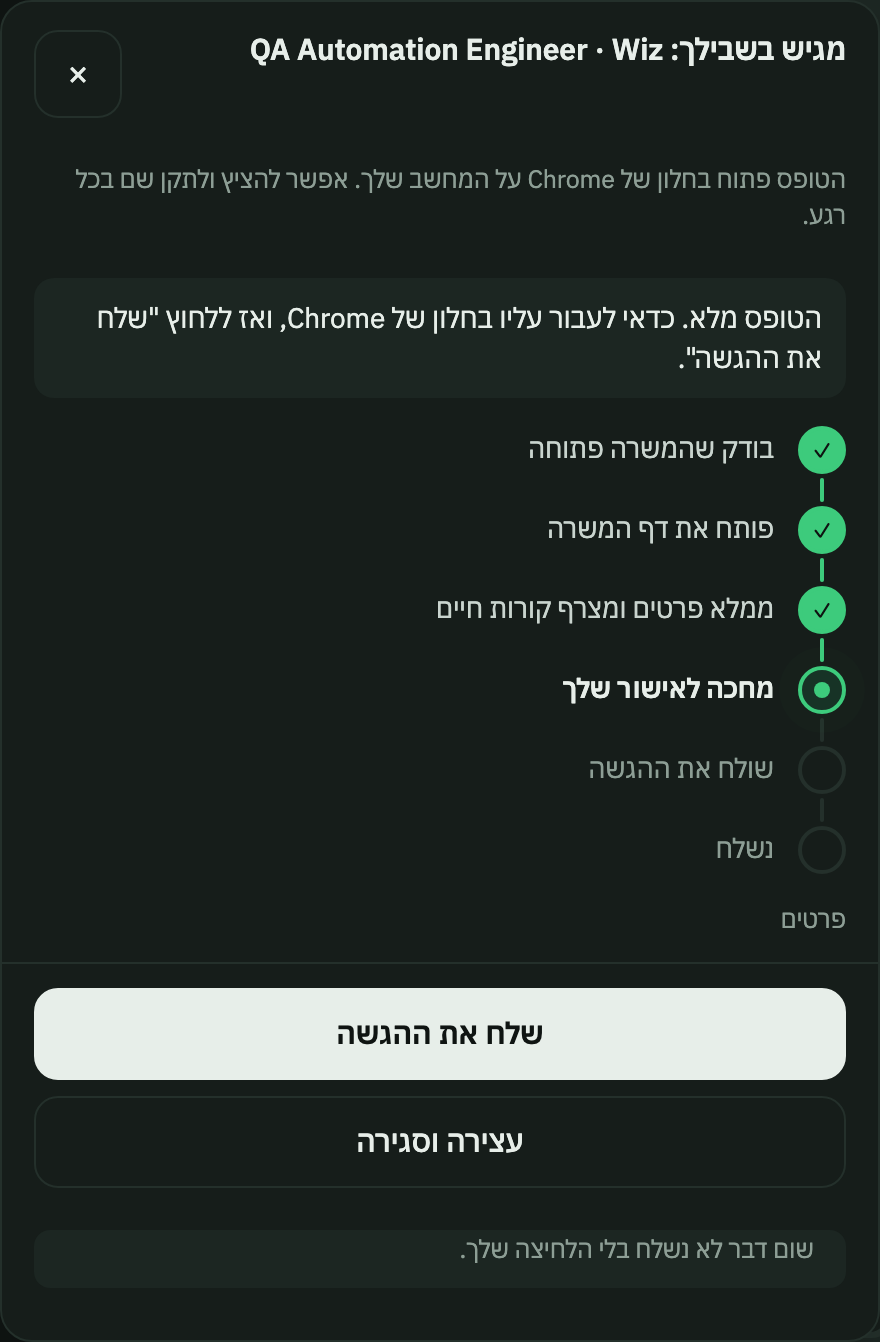 חלון ההגשה: הטופס מלא, מחכה לאישור שלך, וכפתור שלח את ההגשה